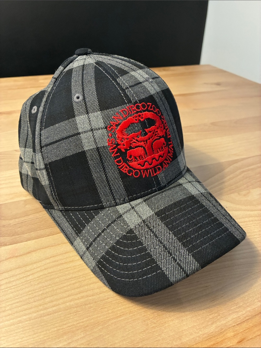 San Diego Zoo Plaid Black & Gray Baseball Cap with Red Emblem